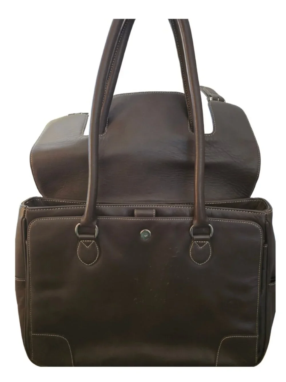 Levenger Genuine Leather Expandable Briefcase Laptop Shoulder Bag Dk Brown